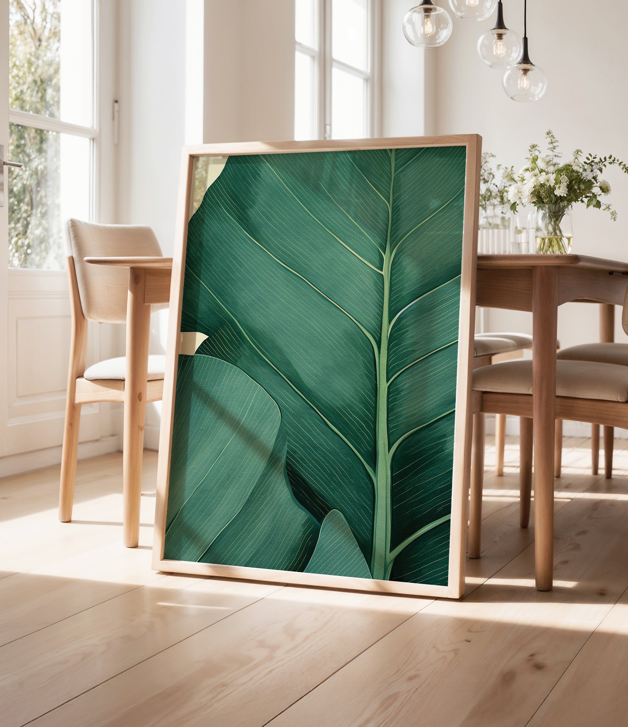 a large framed print of a green leaf with intricate patterns, displayed on a wooden floor in a room with a dining table and chairs.