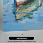 The image is an abstract painting depicting a boat on a body of water, with a text overlay indicating that it is an "ALUMINUM print" that is suitable for outdoor use and includes hanging hardware.