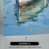 The image is an abstract painting depicting a boat on a body of water, with a text overlay indicating that it is an "ALUMINUM print" that is suitable for outdoor use and includes hanging hardware.