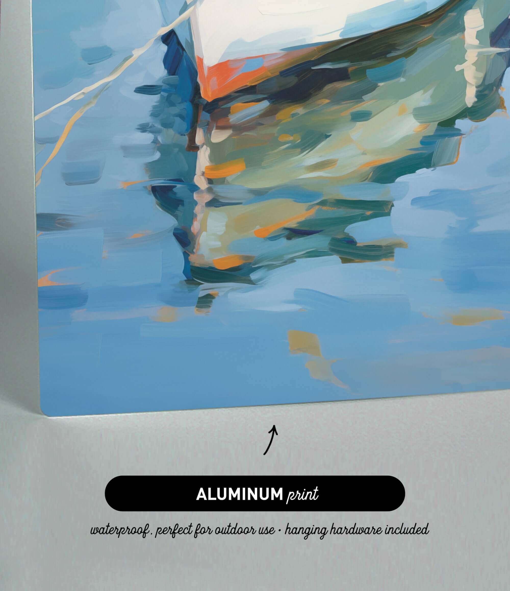 The image is an abstract painting depicting a boat on a body of water, with a text overlay indicating that it is an "ALUMINUM print" that is suitable for outdoor use and includes hanging hardware.