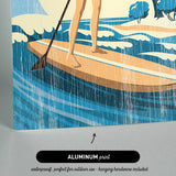 The image is an illustration of a woman paddleboarding on a body of water, with a text overlay that reads "ALUMINUM print" and "waterproof, perfect for outdoor use - hanging hardware included".