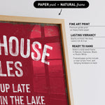 The image is a framed print with a red background and white text.