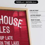 The image is a framed print with a red background and white text.