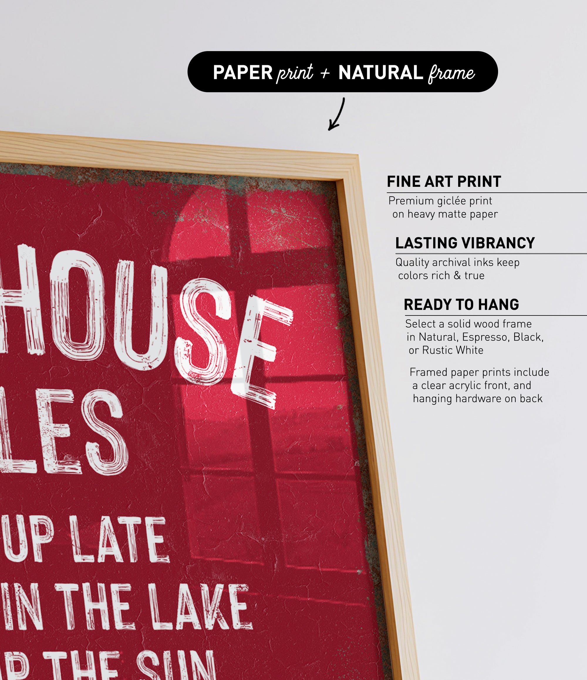 The image is a framed print with a red background and white text.