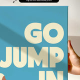 a large, bold, and colorful text on a blue background that says "JUMP IN".