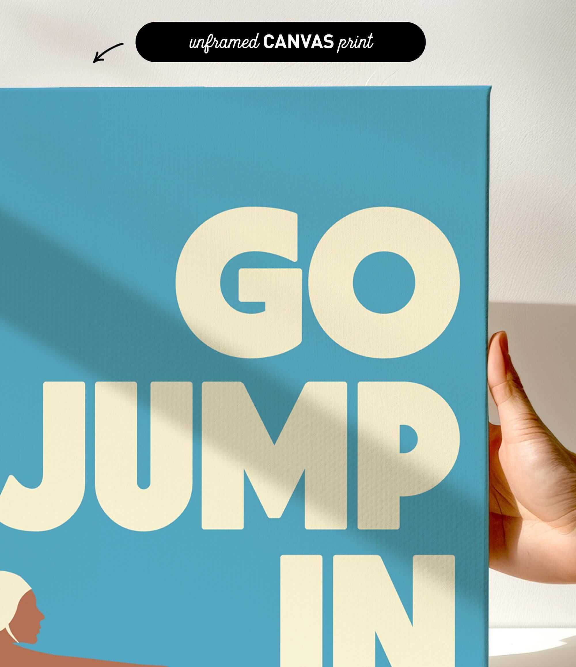 a large, bold, and colorful text on a blue background that says "JUMP IN".