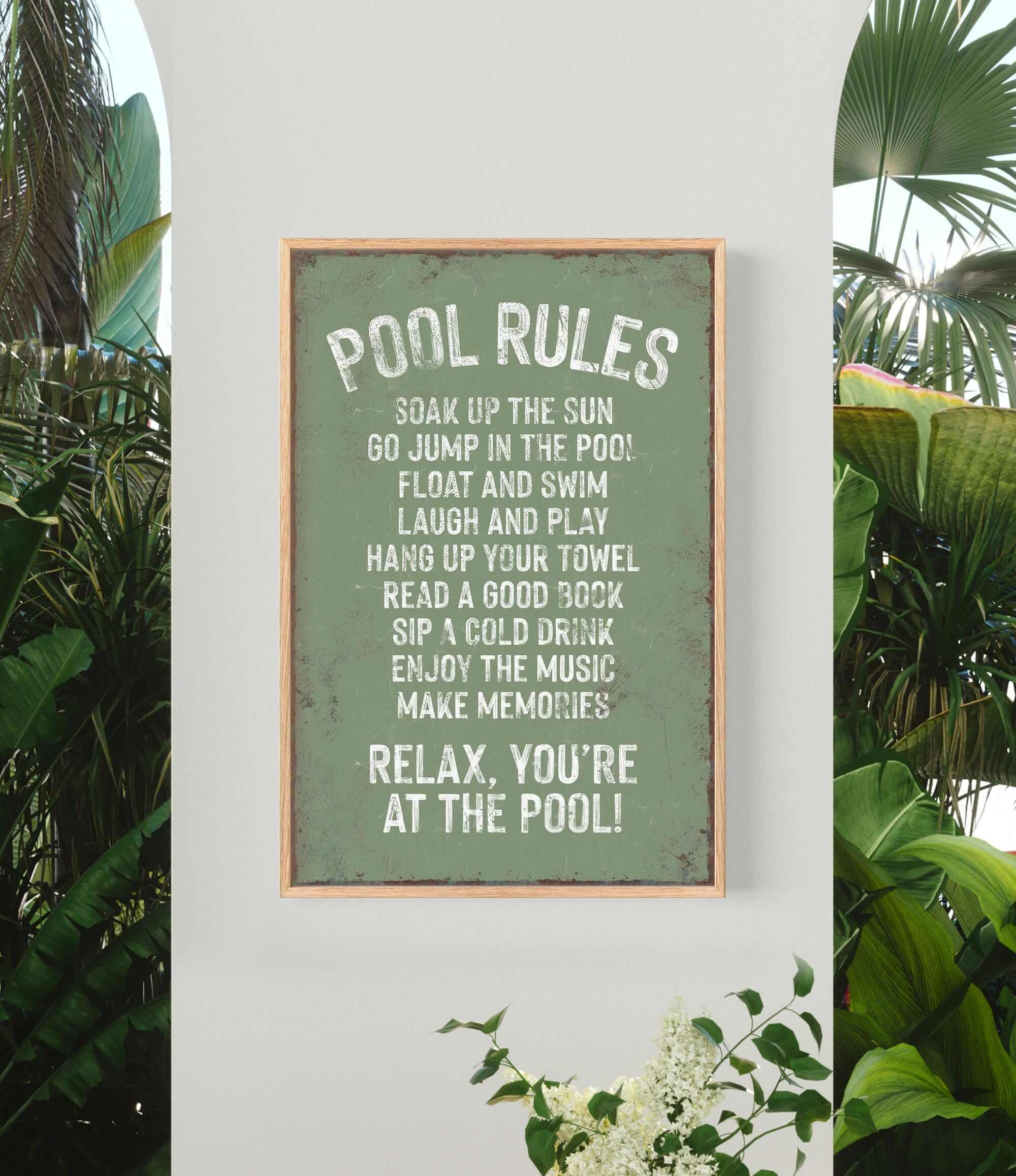 a picture of a pool rules sign on a wall