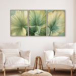 three large framed prints of green leaves hanging on a wall in a living room setting.