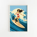 A woman in a red and white swimsuit is surfing on a yellow surfboard, riding a large wave in the ocean.