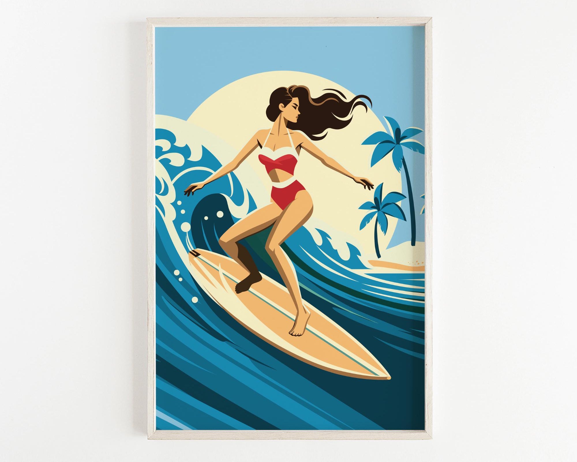 A woman in a red and white swimsuit is surfing on a yellow surfboard, riding a large wave in the ocean.