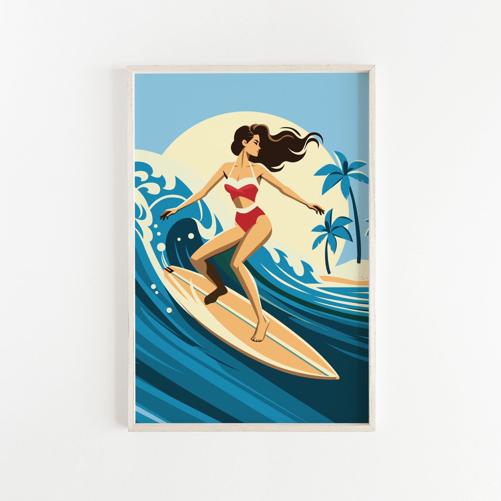 A woman in a red and white swimsuit is surfing on a yellow surfboard, riding a large wave in the ocean.