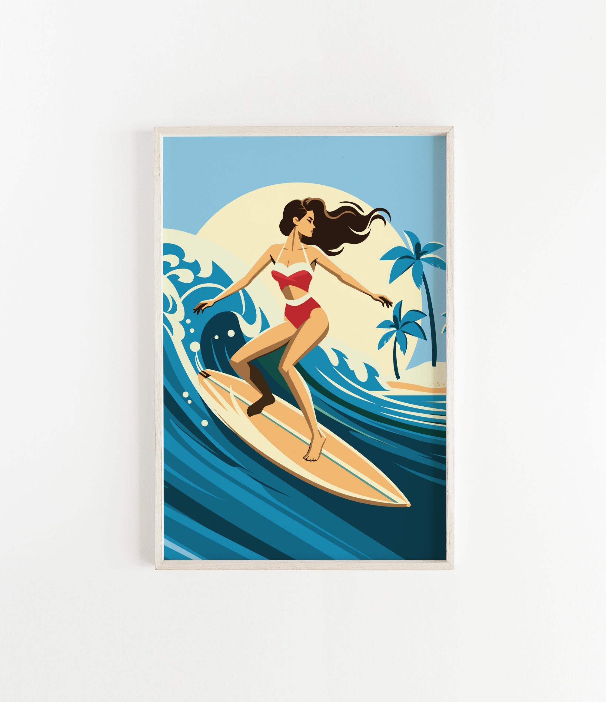 A woman in a red and white swimsuit is surfing on a yellow surfboard, riding a large wave in the ocean.