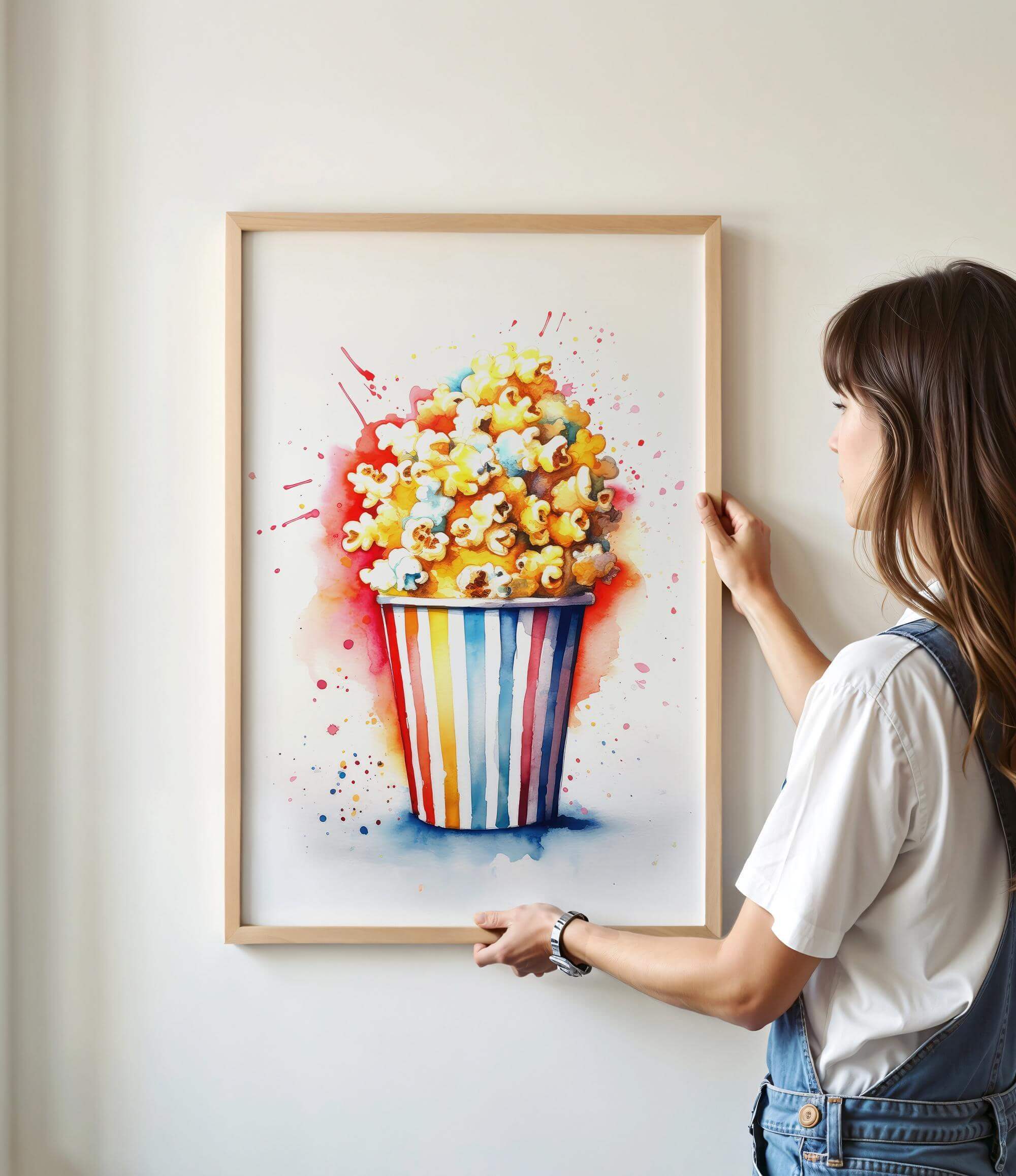 A woman is holding up a framed painting of a colorful bucket of popcorn on a wall.