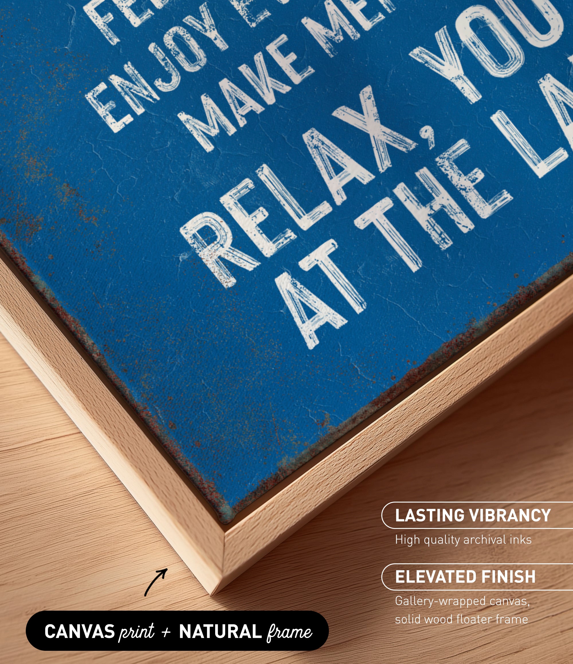The image is a close-up of a blue canvas print with white text, placed on a wooden surface.