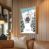 a cozy living room with a large framed poster of a ski lift and a couple on it, hanging on the wall.