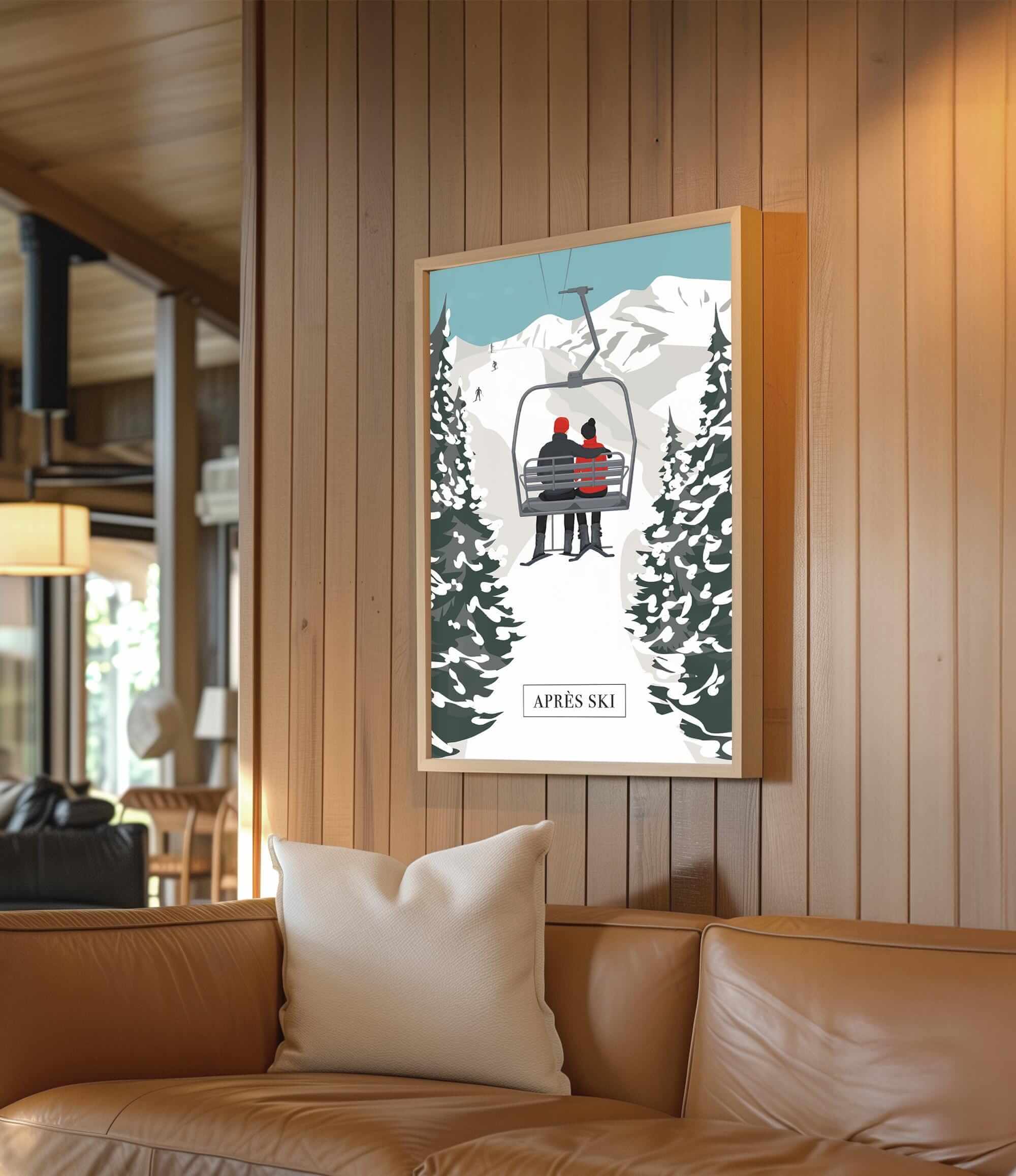 a cozy living room with a large framed poster of a ski lift and a couple on it, hanging on the wall.