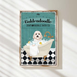 a bathroom sign with a dog in a bathtub