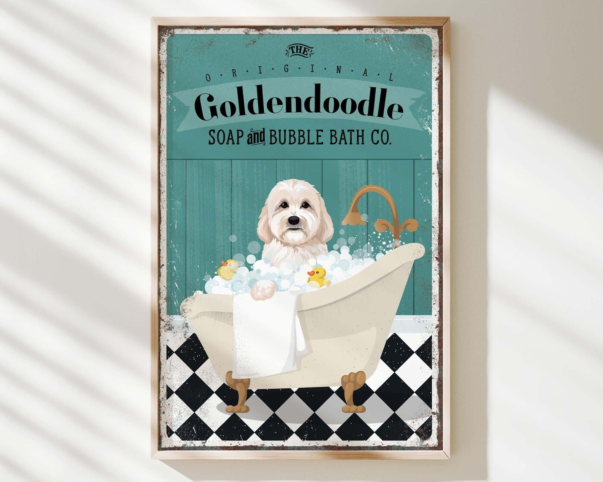 a bathroom sign with a dog in a bathtub