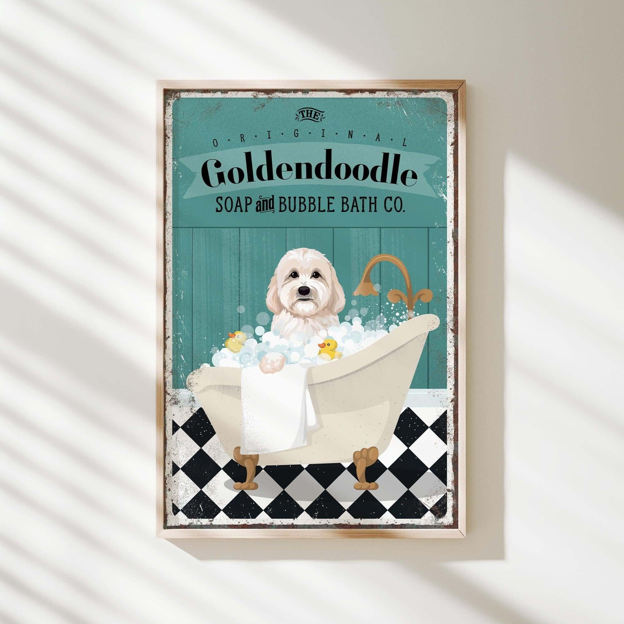 a bathroom sign with a dog in a bathtub