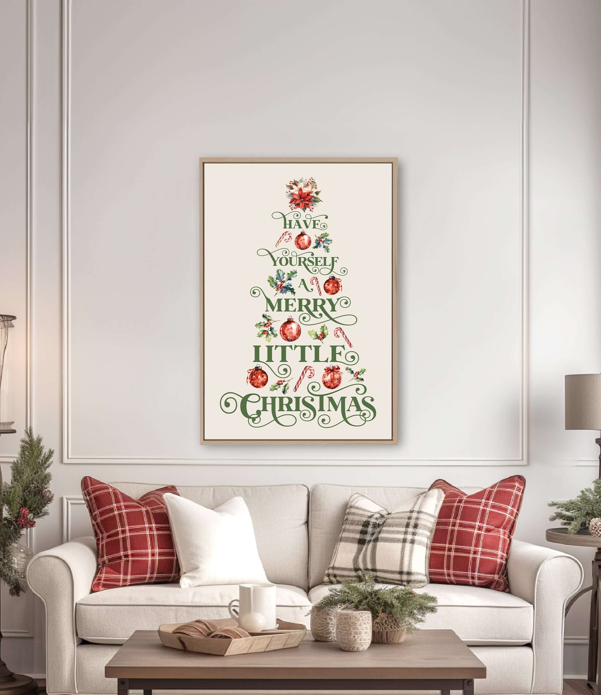 a living room with a christmas tree on the wall