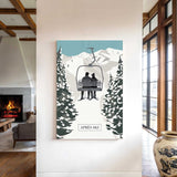 a cozy indoor setting with a fireplace, a large vase, and a framed poster of a ski lift with two people on it.