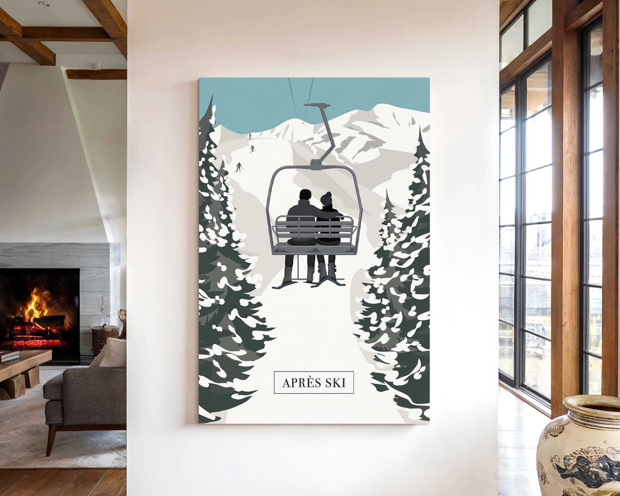 a cozy indoor setting with a fireplace, a large vase, and a framed poster of a ski lift with two people on it.
