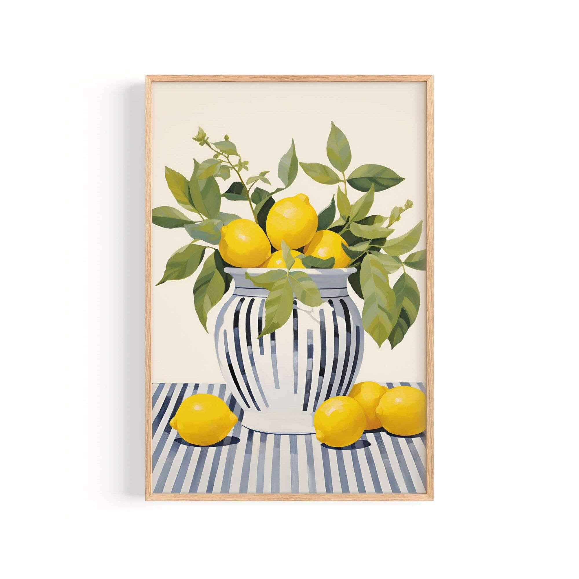 A framed painting depicting a vase filled with lemons and green leaves, placed on a striped surface.