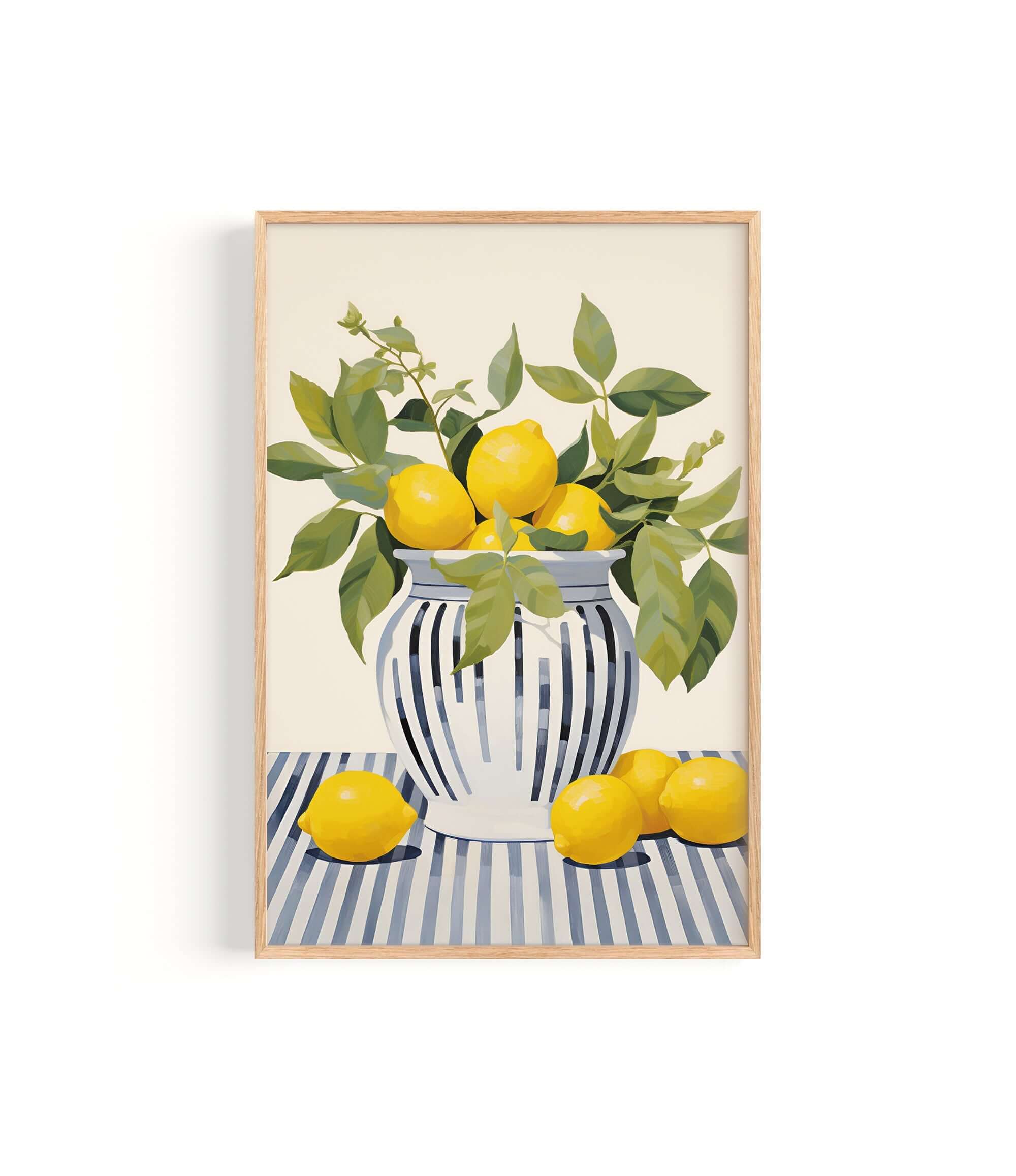 A framed painting depicting a vase filled with lemons and green leaves, placed on a striped surface.