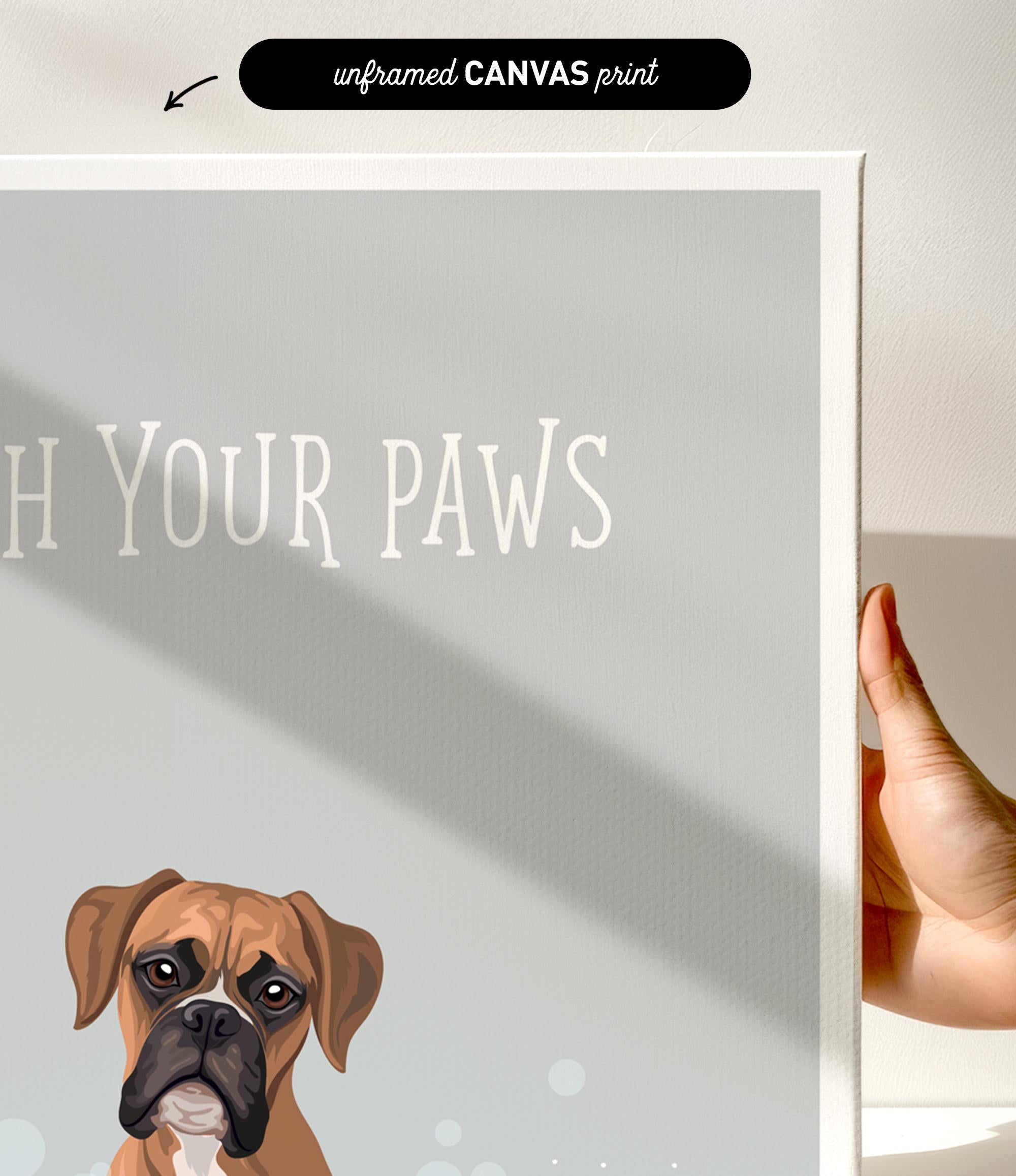 a brown dog with a friendly expression, sitting next to a gray background with the text "Witch Your Paws" written on it.