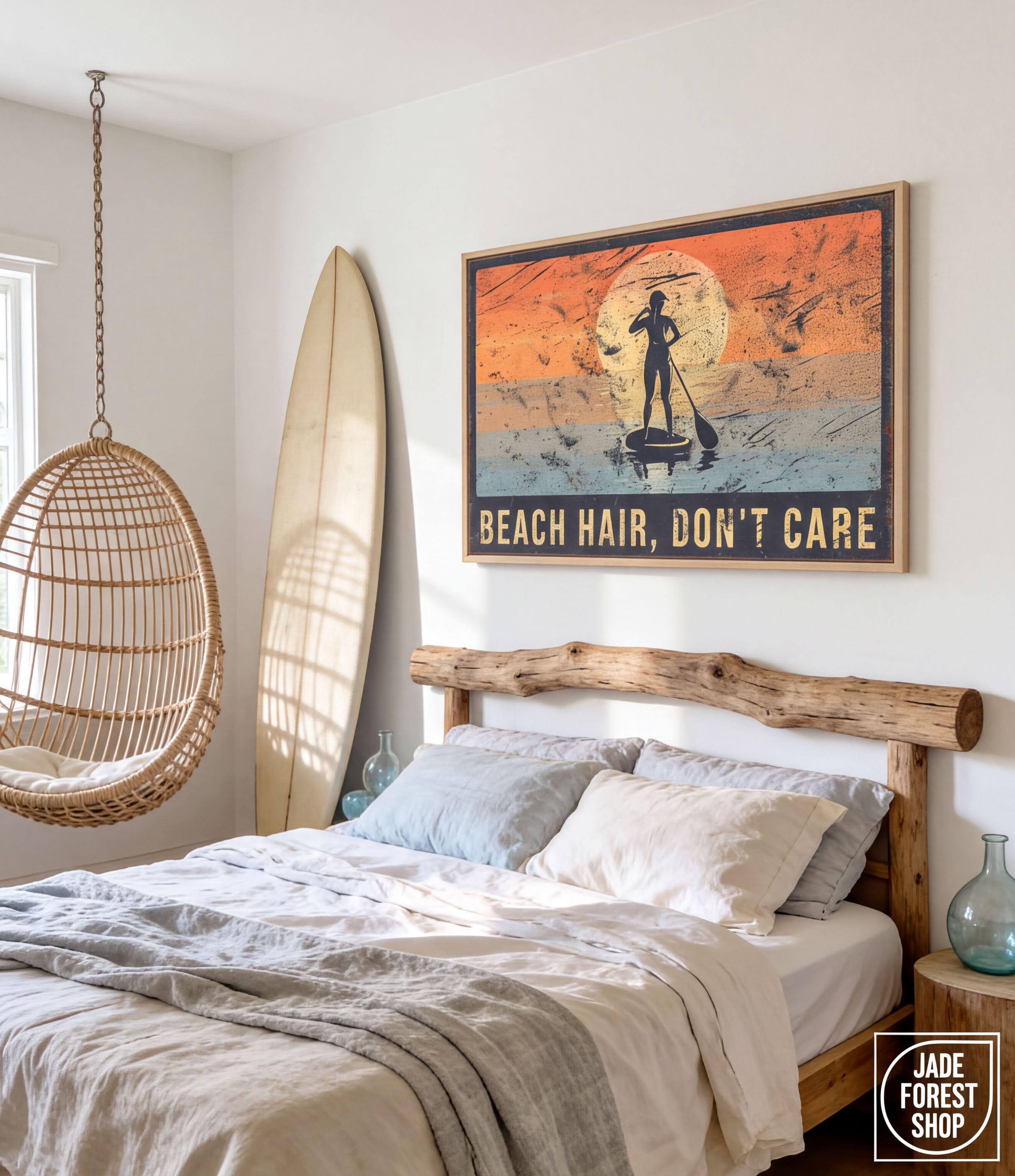 a bedroom with a bed, a hanging basket, and a surfboard. Above the bed, there is a framed poster with the text "BEACH HAIR, DON'T CARE".