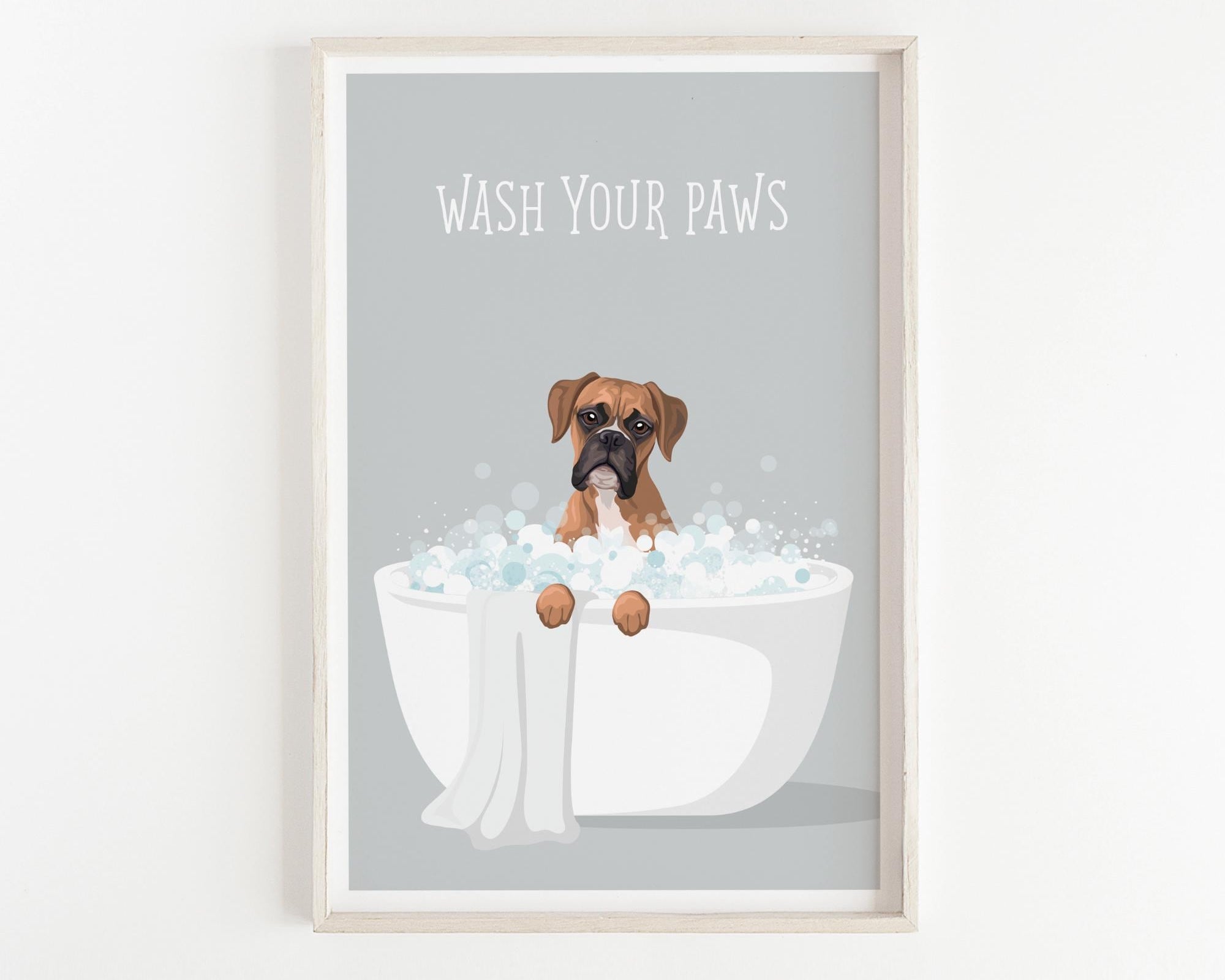 A framed illustration of a dog sitting in a bathtub filled with bubbles, with the text "WASH YOUR PAWS" above it.