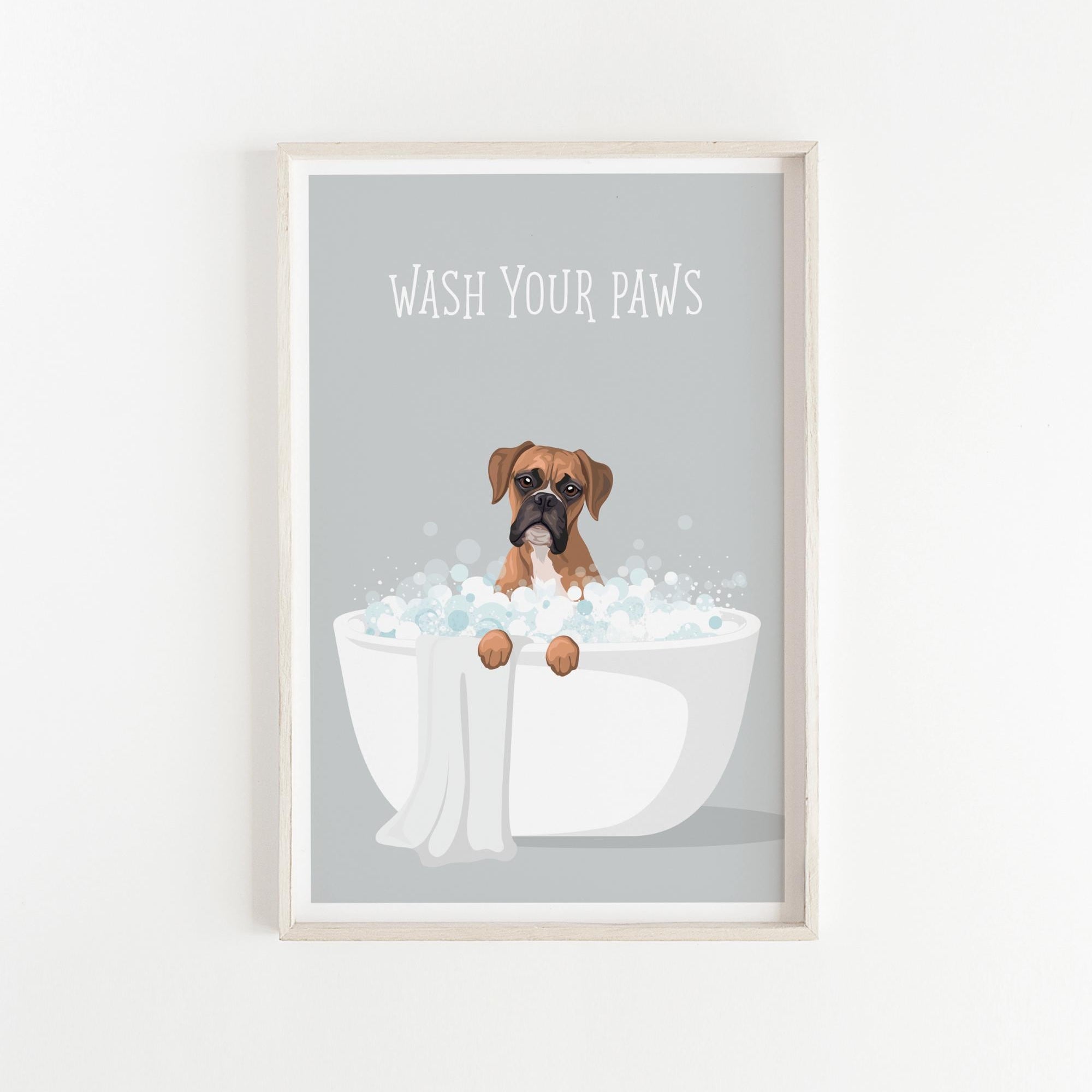 A framed illustration of a dog sitting in a bathtub filled with bubbles, with the text "WASH YOUR PAWS" above it.