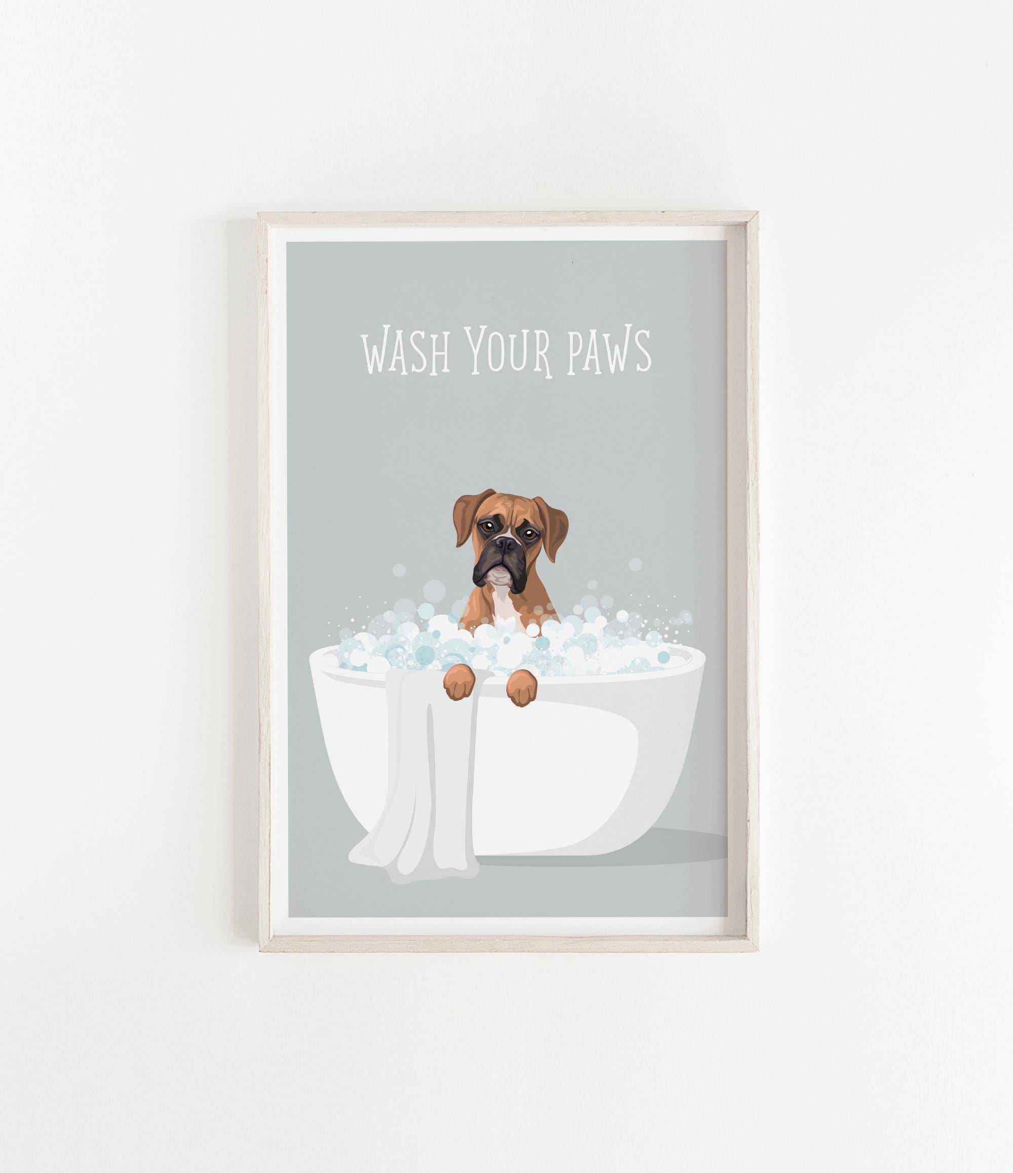 A framed illustration of a dog sitting in a bathtub filled with bubbles, with the text "WASH YOUR PAWS" above it.
