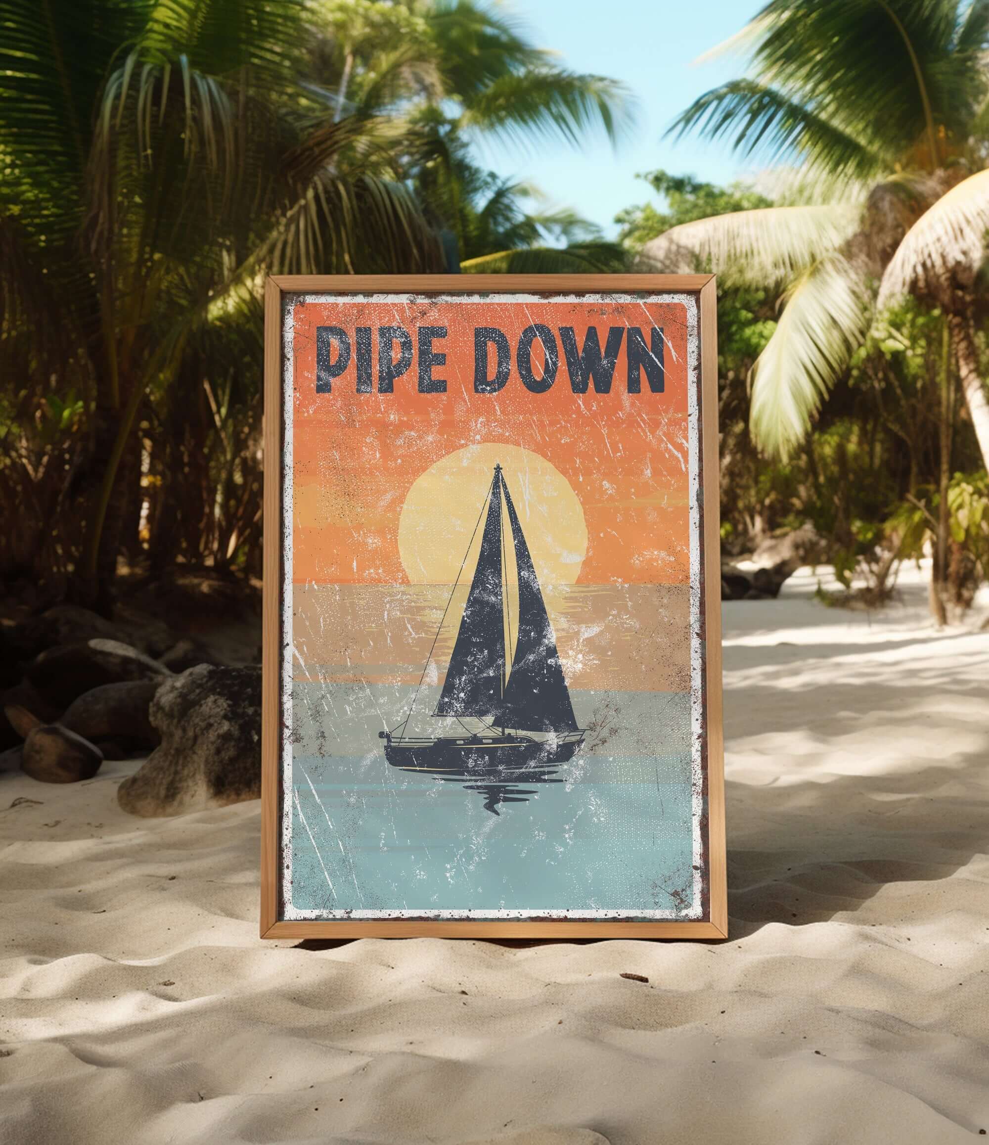 a sign on a beach that says pipe down