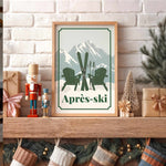 a framed poster of two Adirondack chairs with skis, placed on a wooden shelf above a collection of Christmas stockings.