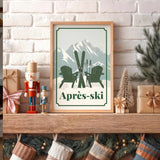 a framed poster of two Adirondack chairs with skis, placed on a wooden shelf above a collection of Christmas stockings.