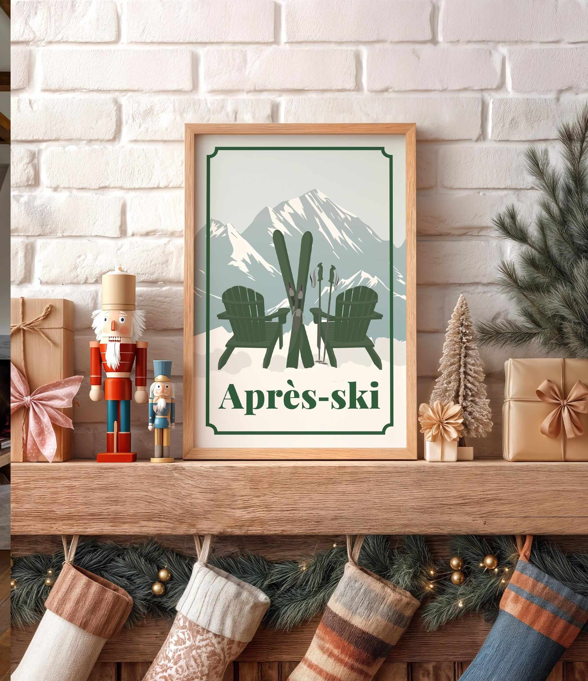 a framed poster of two Adirondack chairs with skis, placed on a wooden shelf above a collection of Christmas stockings.