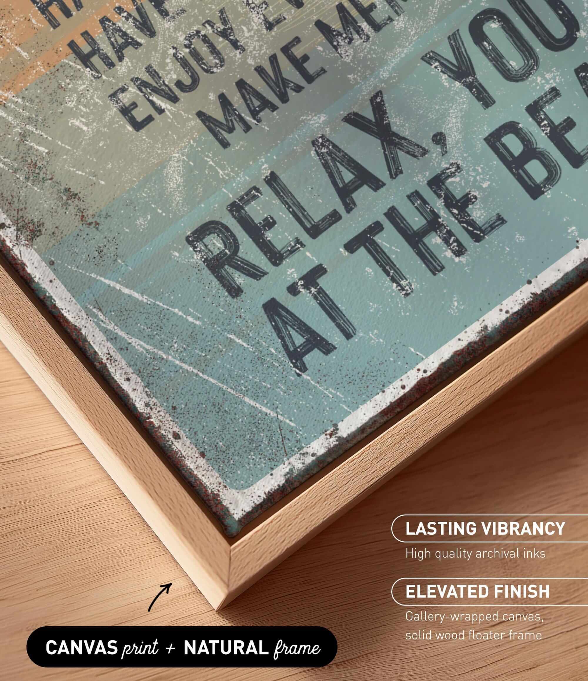 The image is a close-up of a canvas print with a natural frame, featuring a textured background with a distressed appearance.