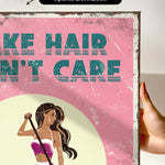 The image is a poster with a woman in a pink bikini holding a surfboard. The text on the poster says "Make hair care" and "Don't care".