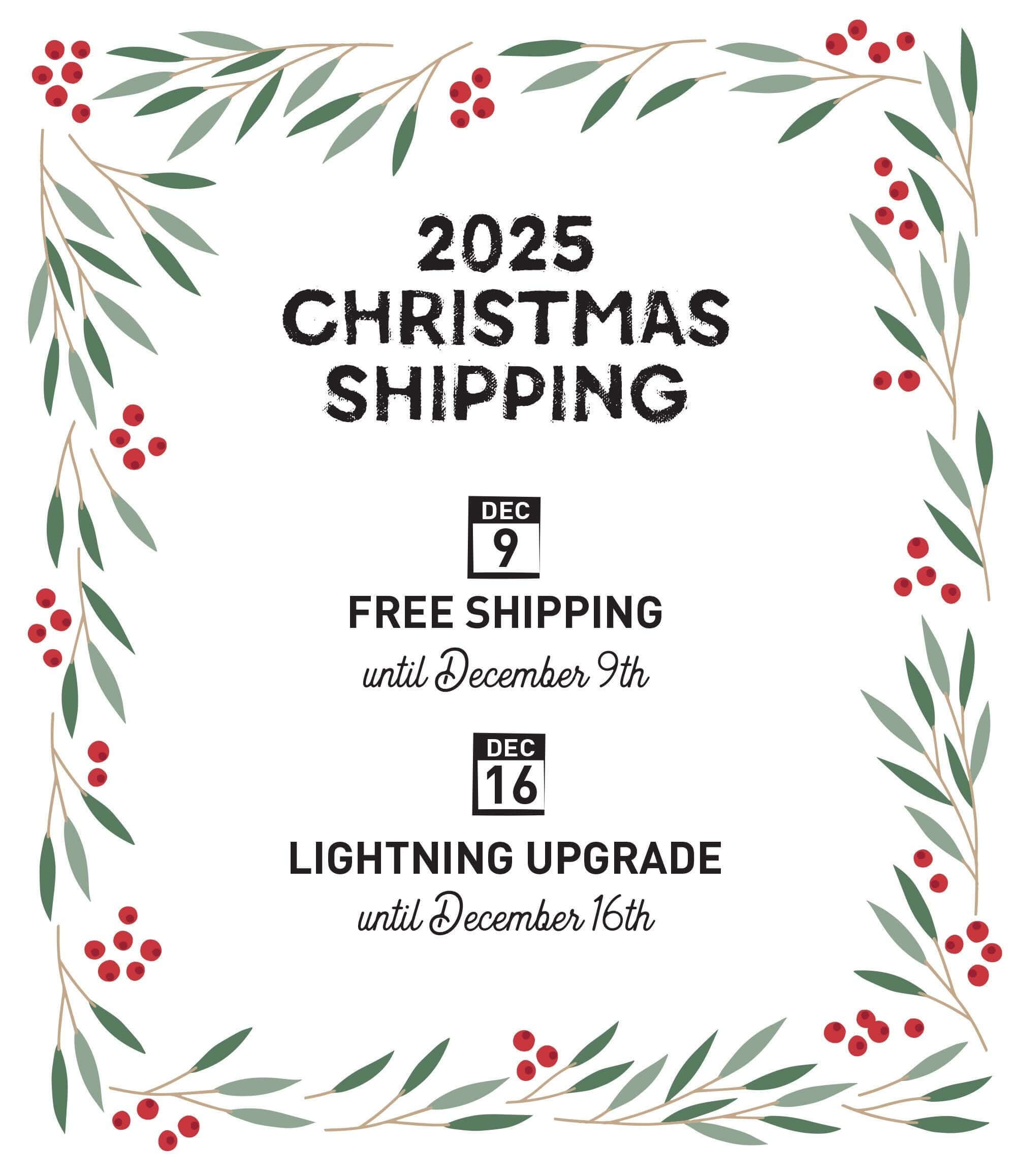 The image is a Christmas shipping advertisement with a festive border of red berries and green leaves. It announces free shipping until December 9th and a lightning upgrade until December 16th.
