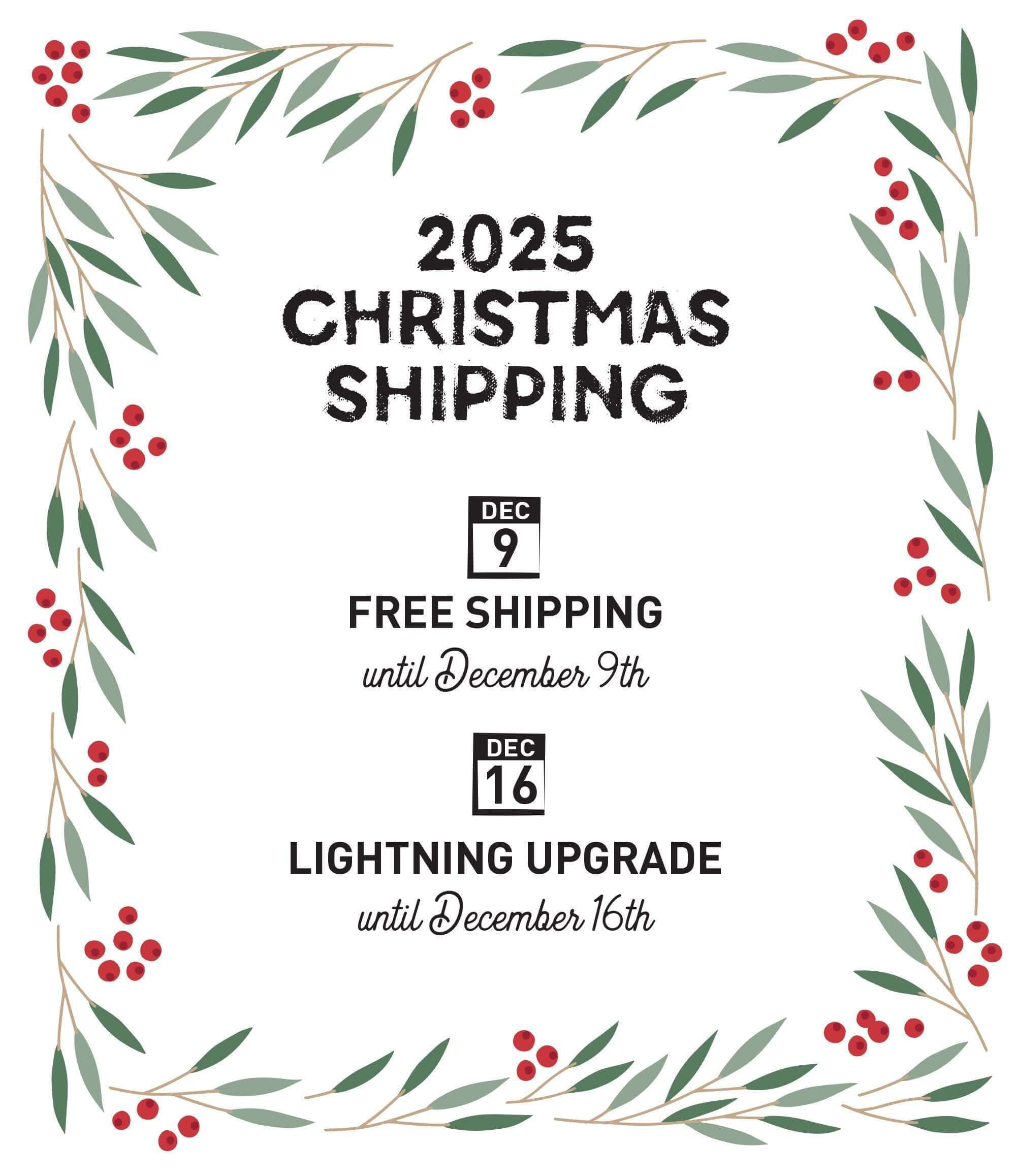 The image is a Christmas shipping advertisement with a festive border of red berries and green leaves. It announces free shipping until December 9th and a lightning upgrade until December 16th.