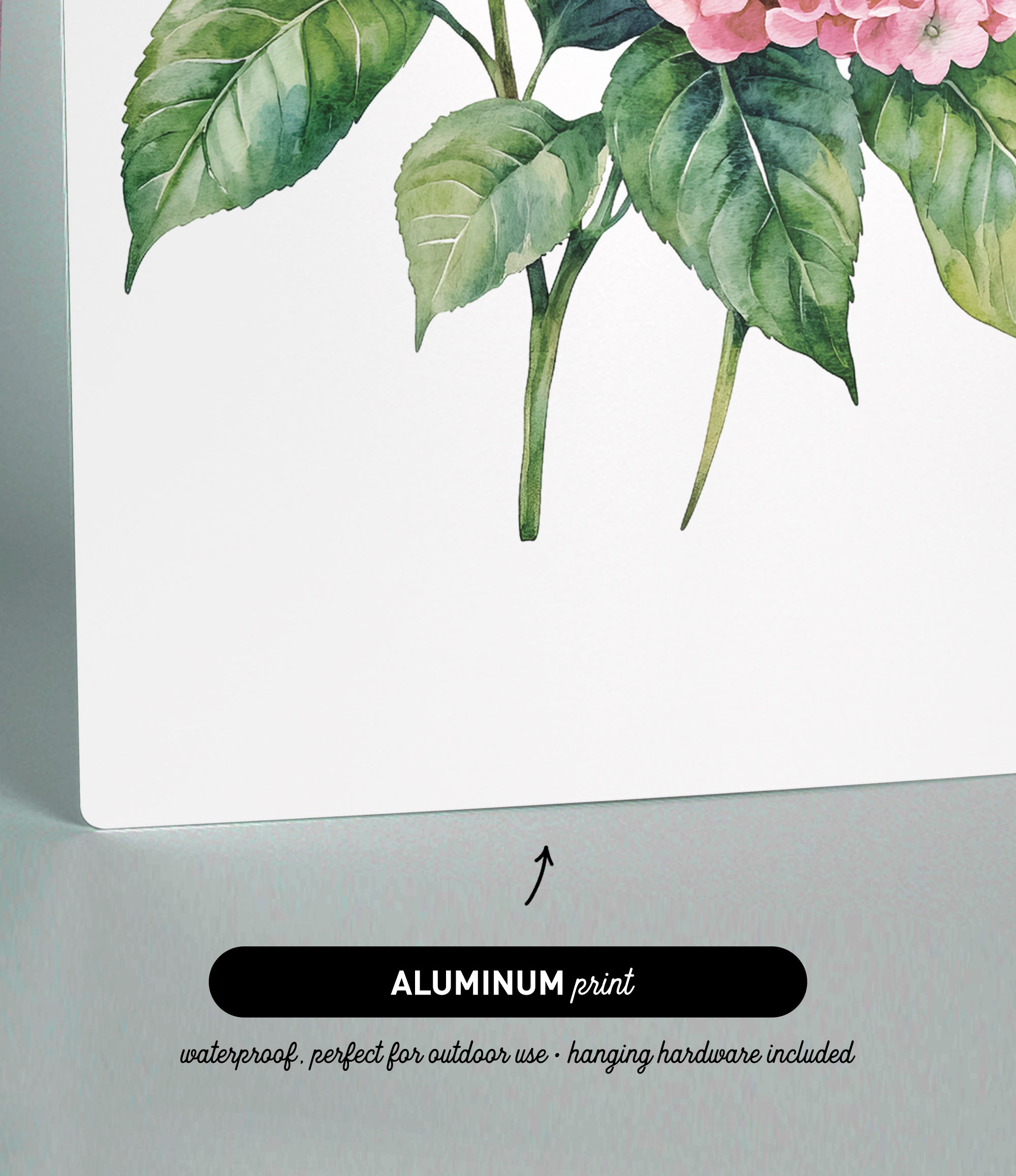 The image is an aluminum print featuring a watercolor painting of a flower with green leaves.