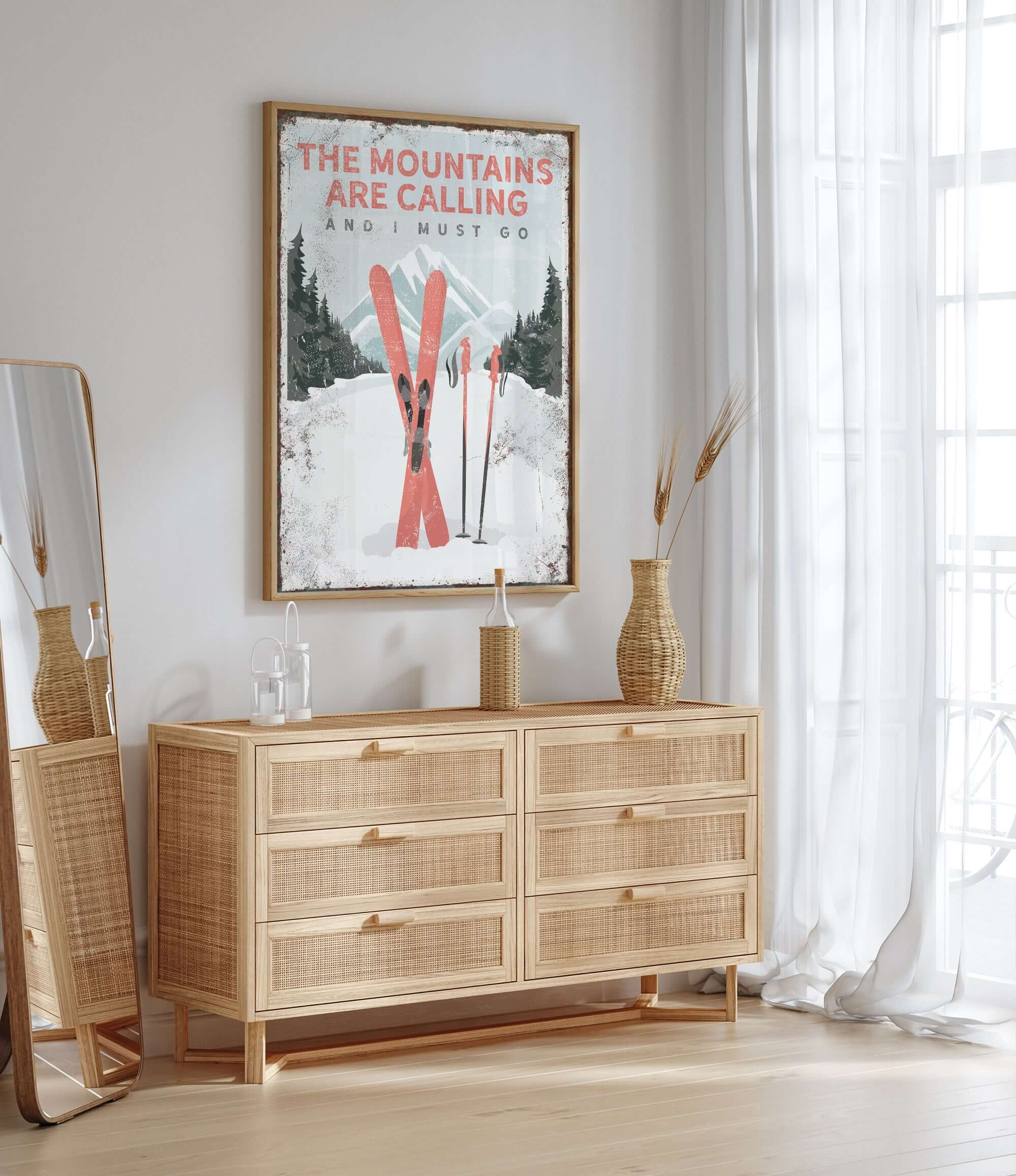 a wooden dresser sitting next to a window