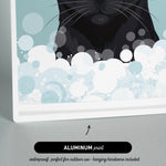 The image is an illustration of a black cat in a bubble, with a text overlay that reads "ALUMINUM print" and "waterproof, perfect for outdoor use - hanging hardware included".