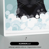 The image is an illustration of a black cat in a bubble, with a text overlay that reads "ALUMINUM print" and "waterproof, perfect for outdoor use - hanging hardware included".