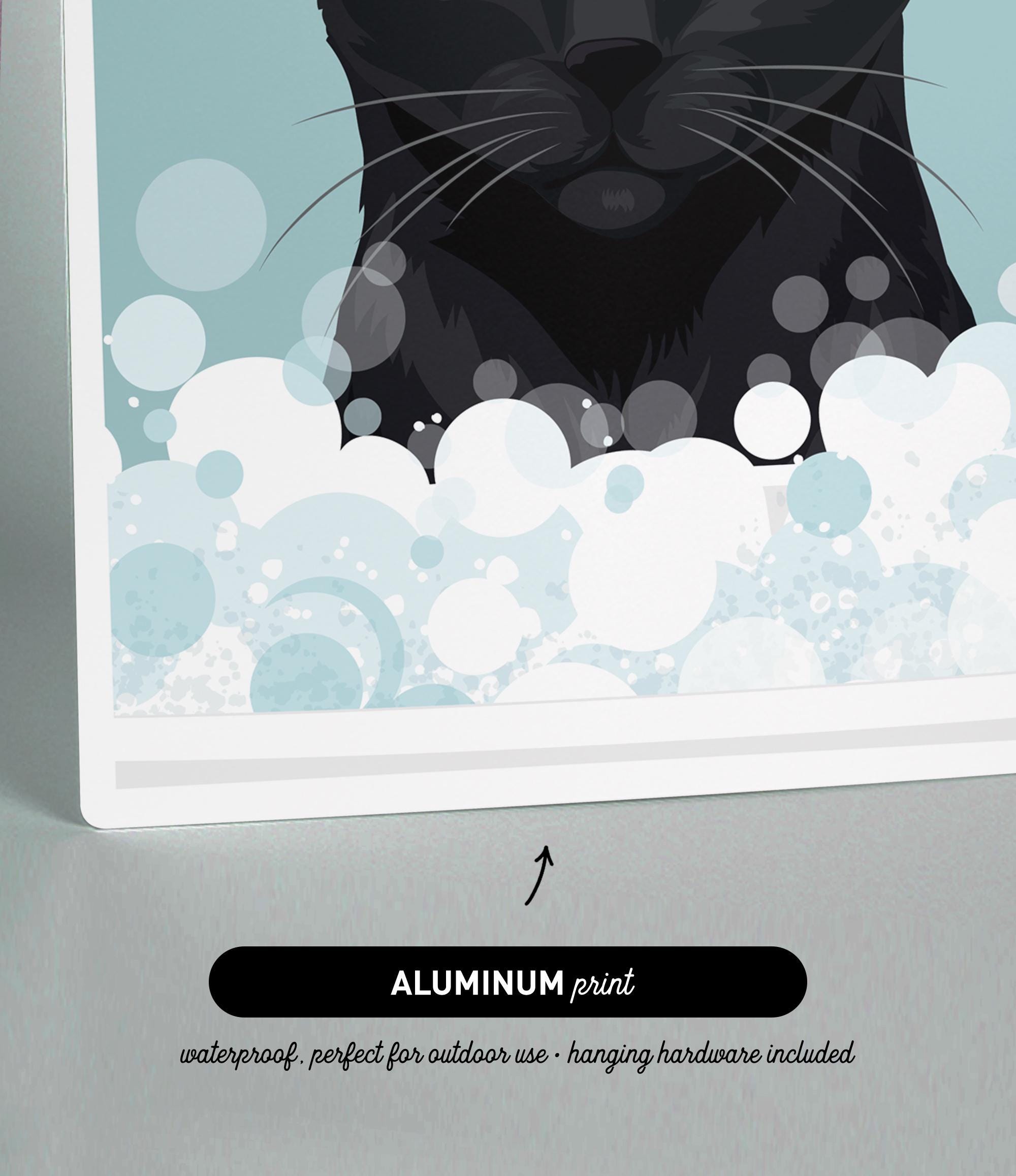 The image is an illustration of a black cat in a bubble, with a text overlay that reads "ALUMINUM print" and "waterproof, perfect for outdoor use - hanging hardware included".