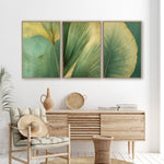 a modern living room with a wooden dresser, a woven basket, and a woven chair. Above the dresser, there are three framed prints of green leaves on a white wall, creating a cohesive and visually appealing design.