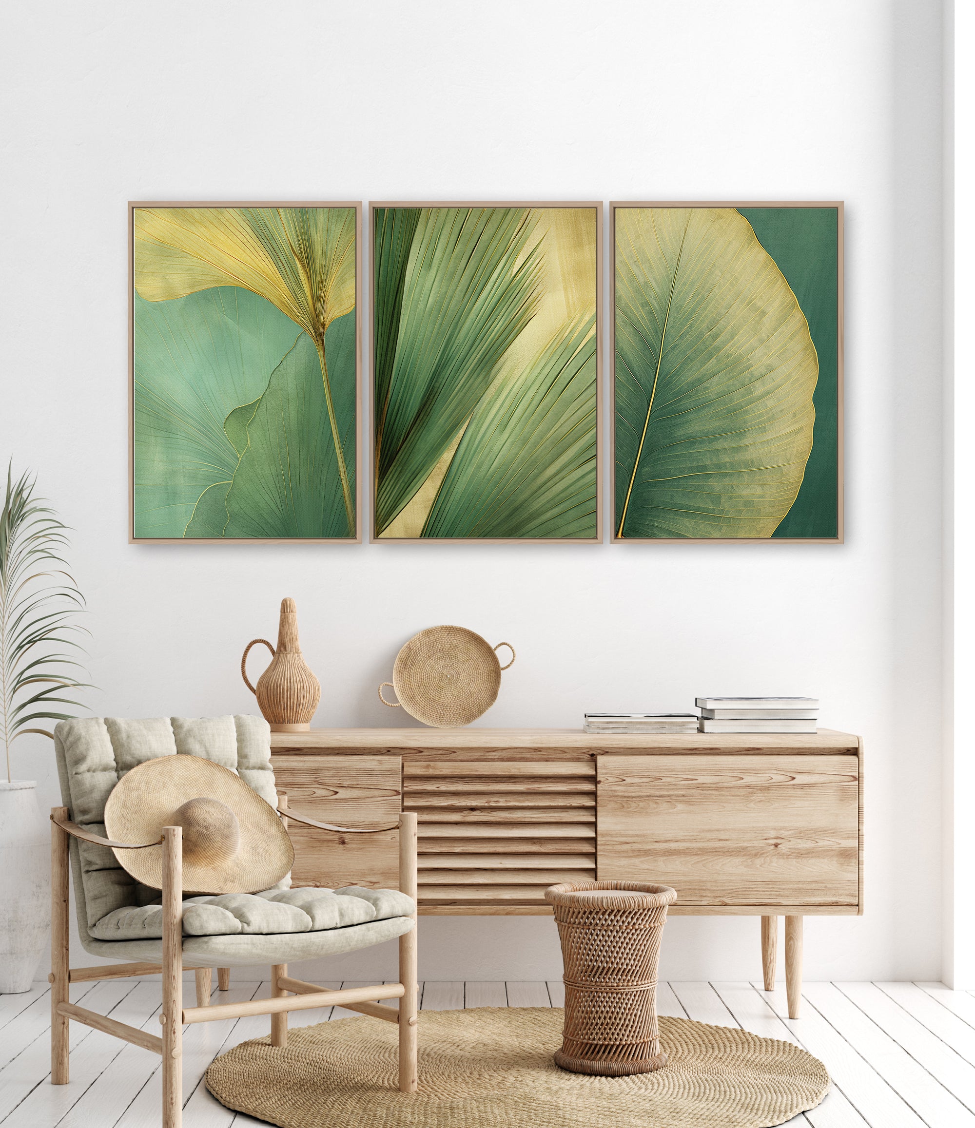 a modern living room with a wooden dresser, a woven basket, and a woven chair. Above the dresser, there are three framed prints of green leaves on a white wall, creating a cohesive and visually appealing design.