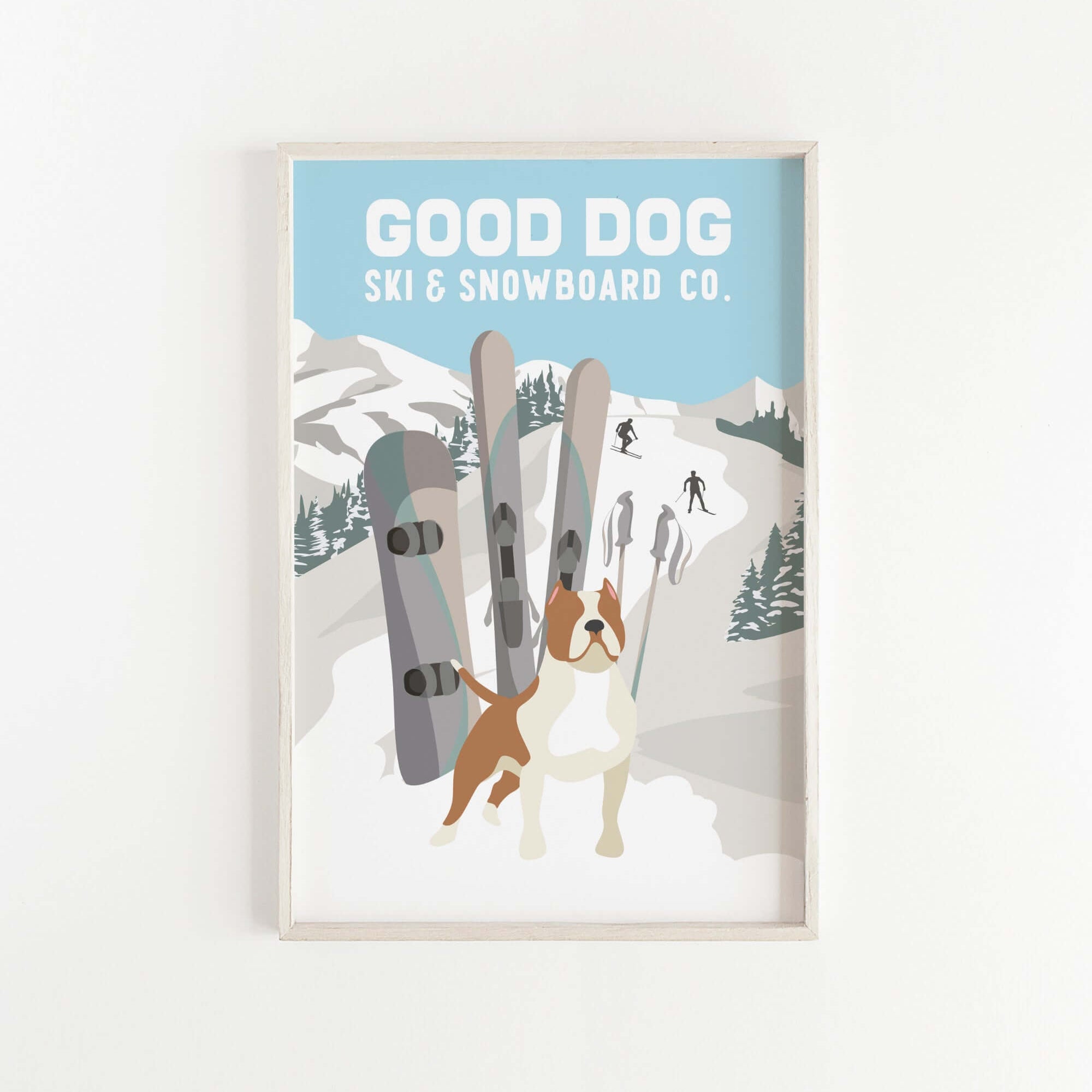 a picture of a dog standing next to a pair of skis