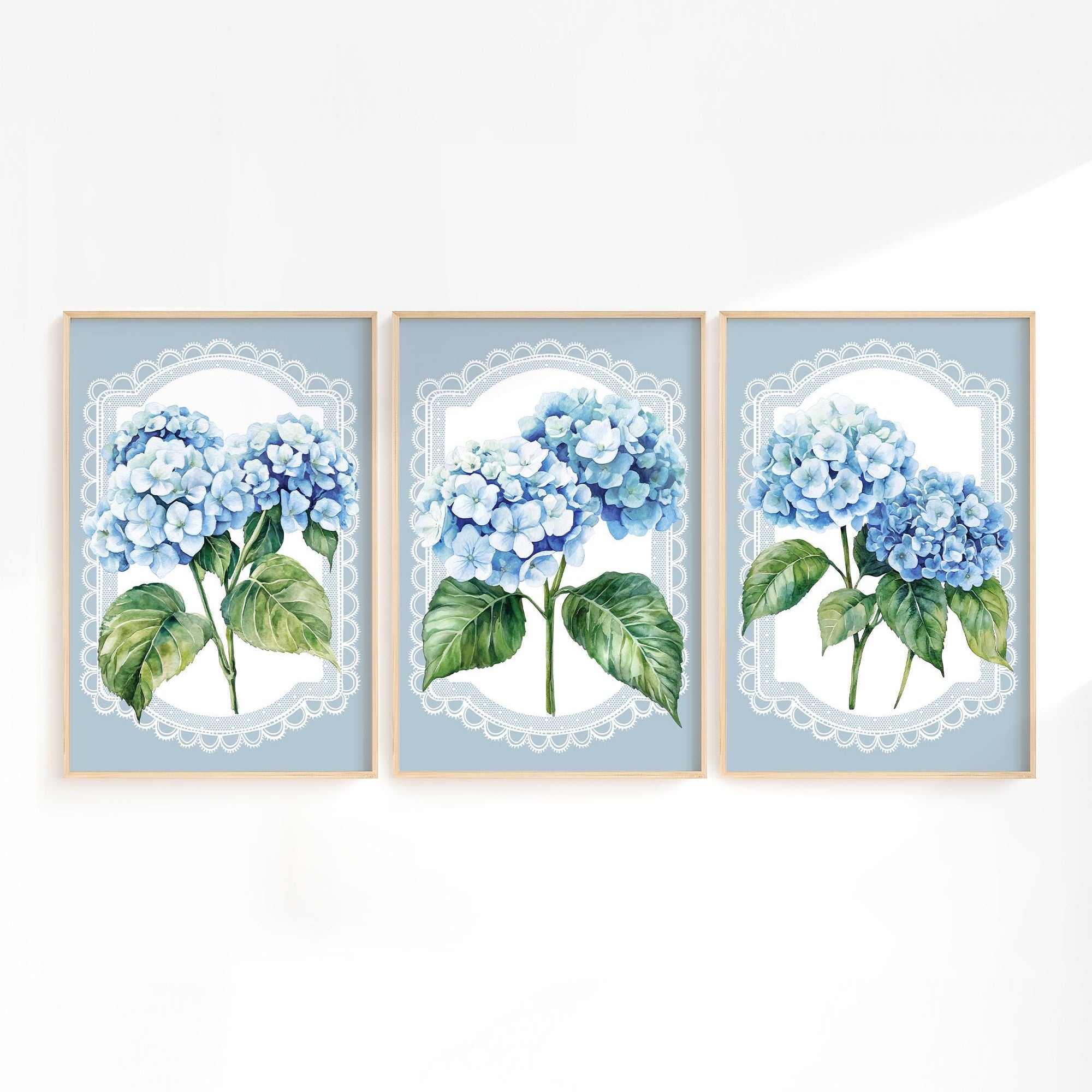 three framed watercolor paintings of blue hydrangea flowers, each with a white lace border.